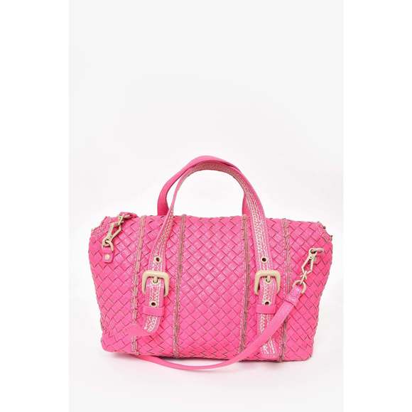 Bottega Veneta Hot Pink Distressed Intrecciato Leather Satchel with Strap - Picture 2 of 3